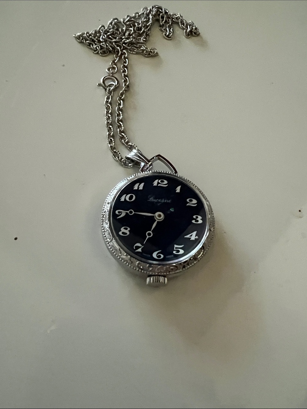Vintage-Style Silver Pocket Watch Necklace with Black Dial